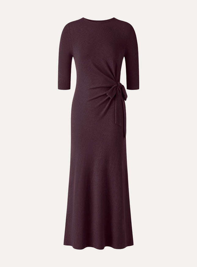 Slub Ribbed Round Neck Elbow Sleeve Tie-Waist Midi Dress