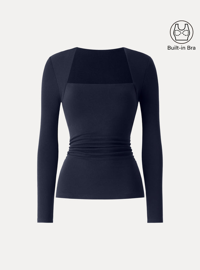 Trapeze Neck Long Sleeve Ruched Built-In Bra Top - Espresso Shut