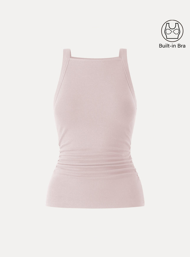 Chic Square Neck Ruched Rib Built-In Bra Tank