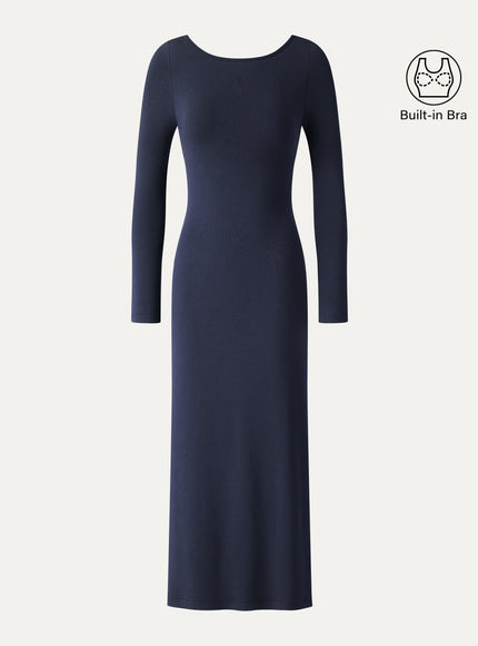 Boatneck Open-Back Midi Built-In Bra Dress