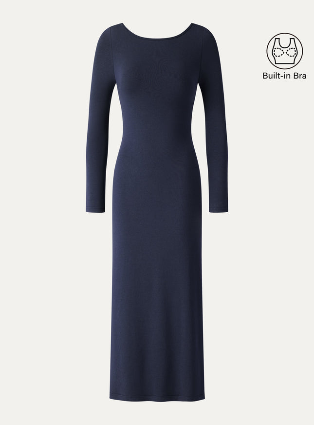 Boatneck Open-Back Midi Built-In Bra Dress