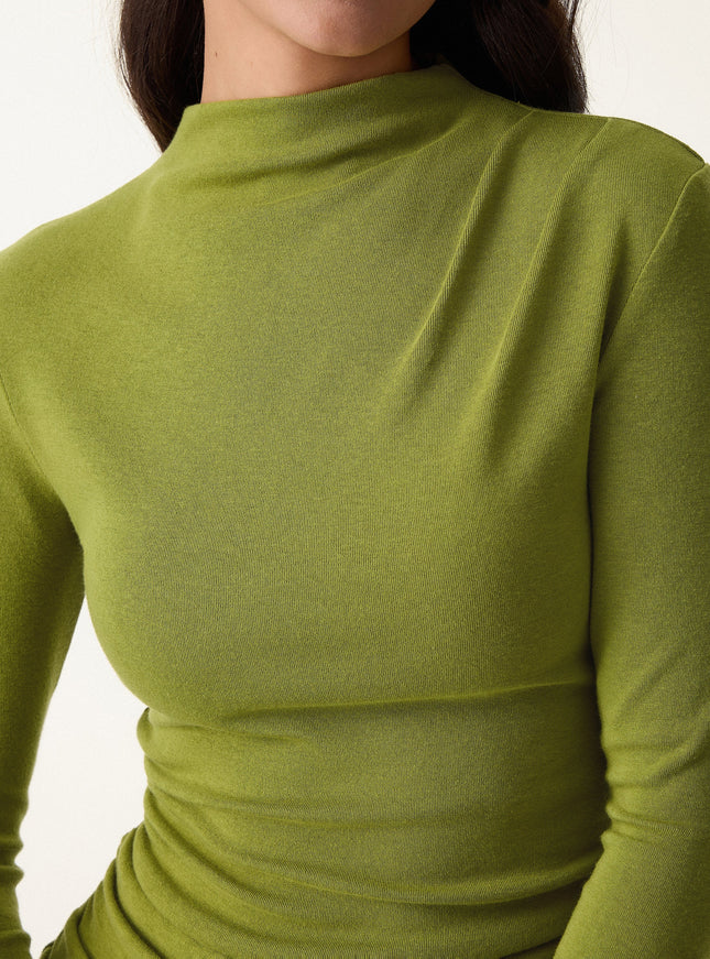 Mock Neck Long Sleeve Ruched Built-In Bra Top