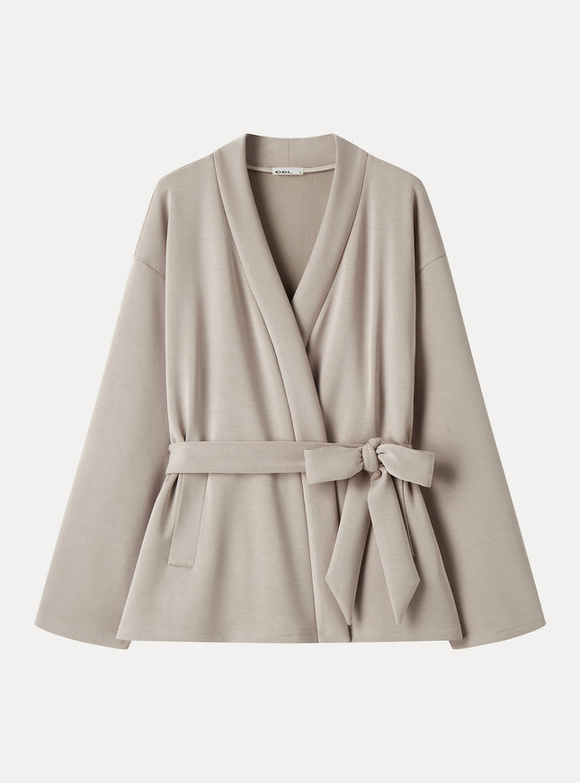 Modal Stretch Fleece Crossover Belted Wrap Cardigan Coat with Pockets