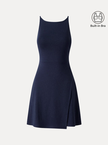 Viscose-Cotton Boatneck Sleeveless Wrap Mini Built-In Bra Dress