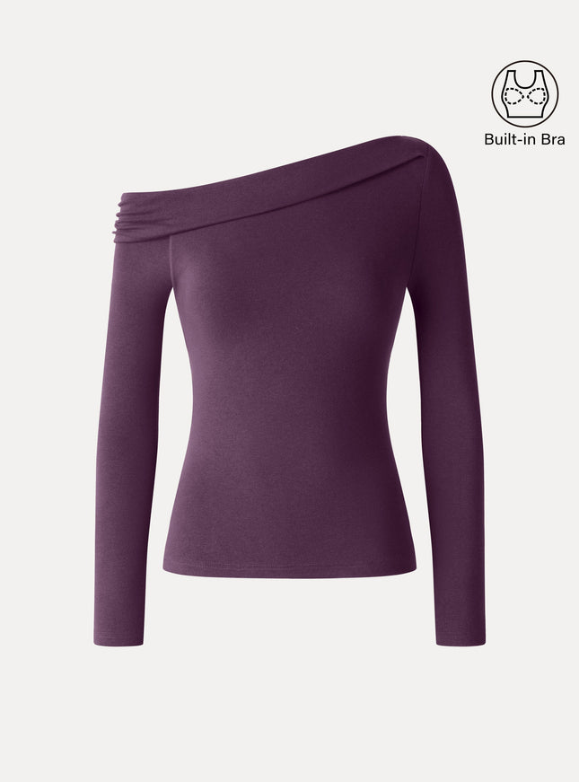 Asymmetrical Neck Long Sleeve Built-In Bra Top
