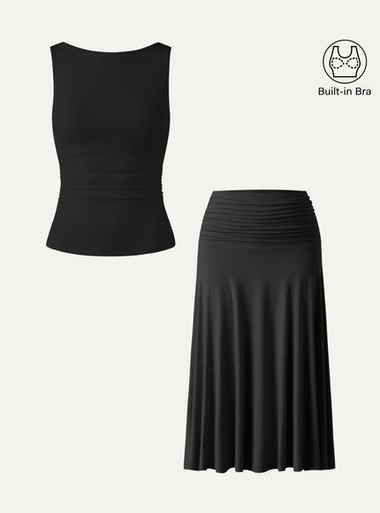 2Pcs Set Open Back Built-In Bra Tank & Side Ruched A-line Midi Skirt