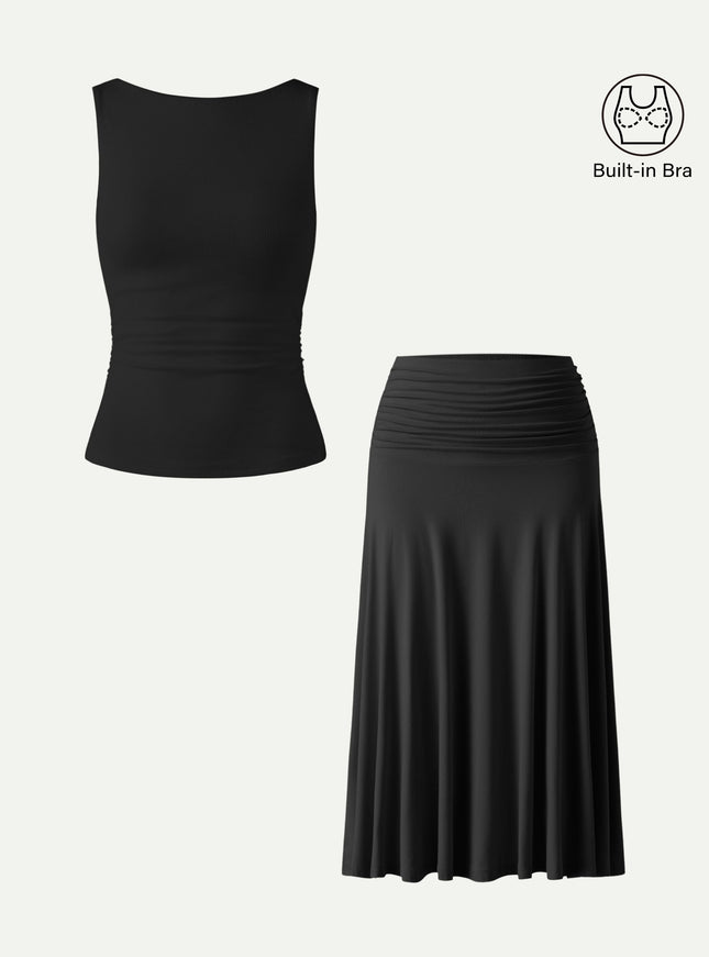 2Pcs Set Open Back Built-In Bra Tank & Side Ruched A-line Midi Skirt