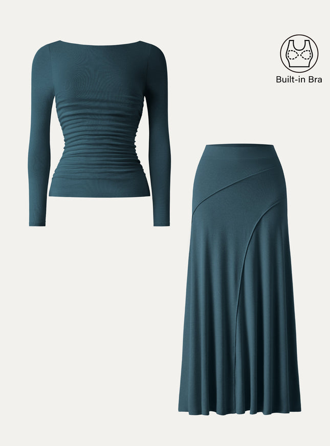 2Pcs Set Boatneck Built-In Bra Top & Drapey A-Line Maxi Skirt