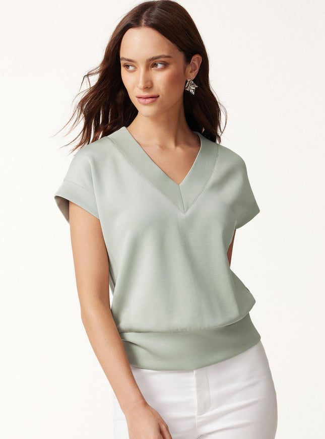 Lyocell Spacer Knit V-Neck Banded Hem Top