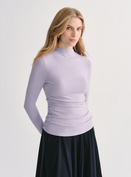 Mock Neck Long Sleeve Ruched Built-In Bra Top