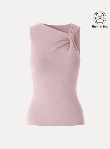 Sweat-Wicking Asymmetrical Neck Knotted Built-In Bra Tank