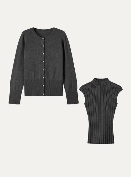 2Pcs Set 100% Merino Wool Long Sleeve Cardigan & Mock Neck Sweater