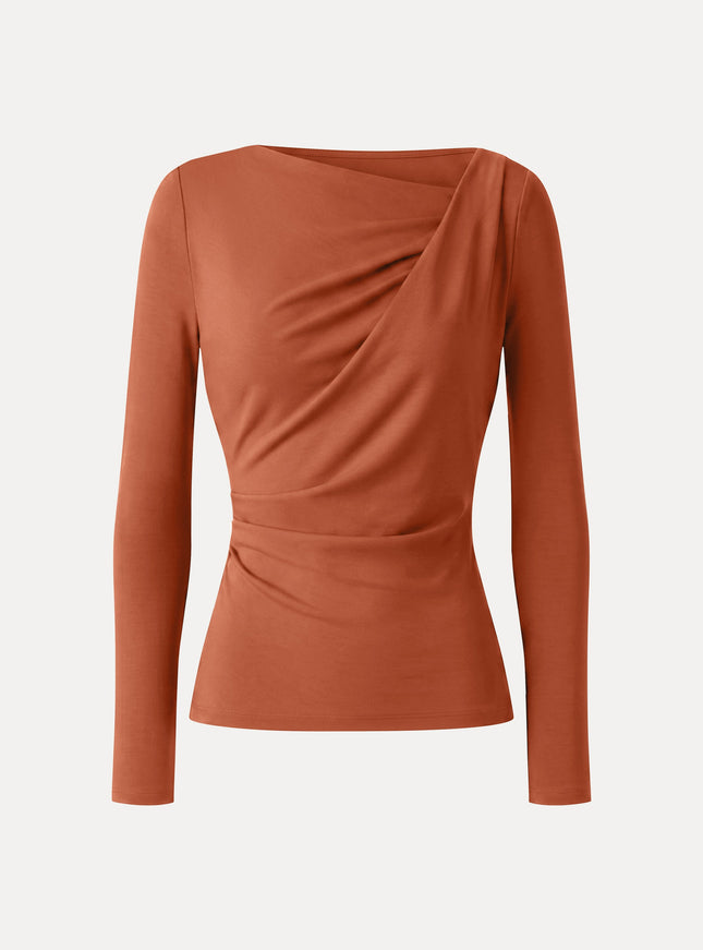 Asymmetrical Neck Long Sleeve Tucked-Waist Top