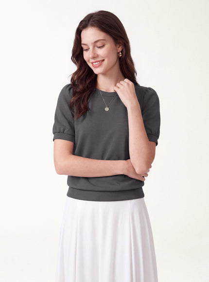 Lyocell Spacer Round Neck Puffed Short Sleeve Top