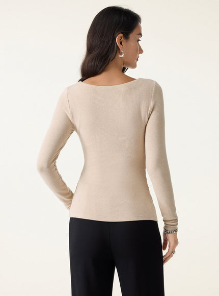 Flapped V-Neck Long Sleeve Ruched Built-In Bra Top