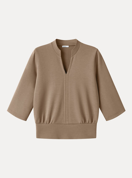 Lyocell Spacer Knit V-Neck Elbow Sleeve Banded Top