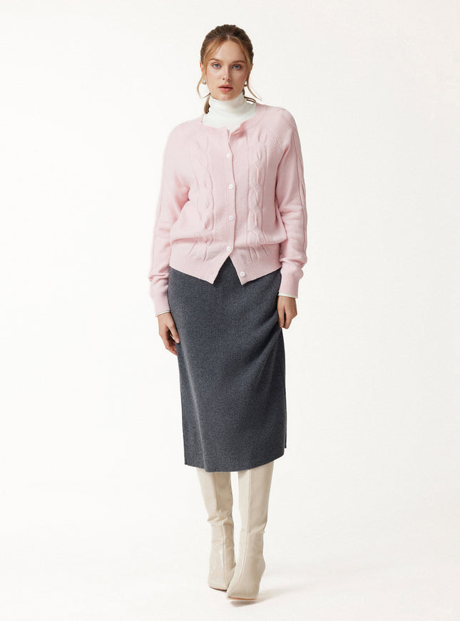 Merino-Blend Cable-Knit Crew Neck Long Sleeve Cardigan