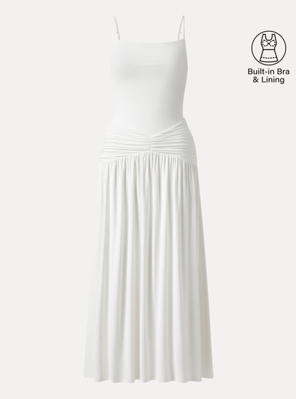 Not-See-Thru Spaghetti Gathered Maxi Built-In Bra Dress
