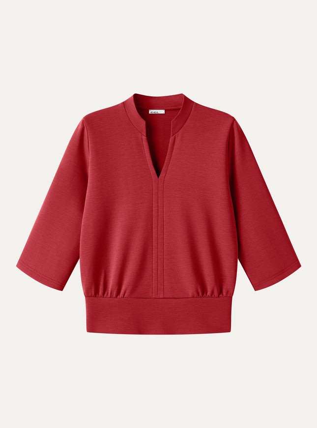 Lyocell Spacer Knit V-Neck Elbow Sleeve Banded Top