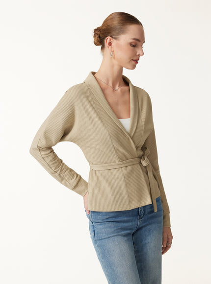Textured Cotton Blend Lapel Belted Open-Front Jacket