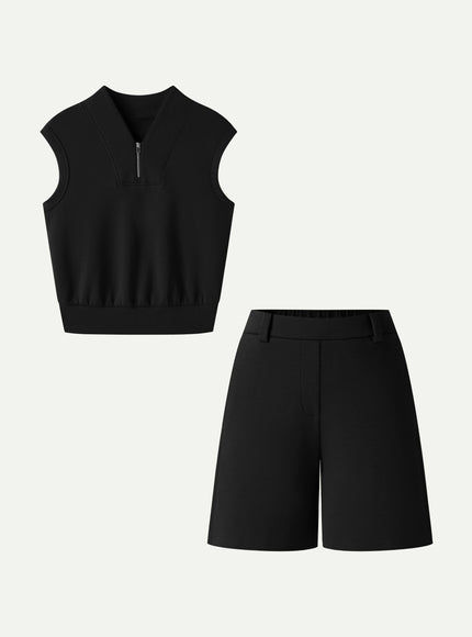 2Pcs Set Banded Hem Travel Top & Shorts with Pockets