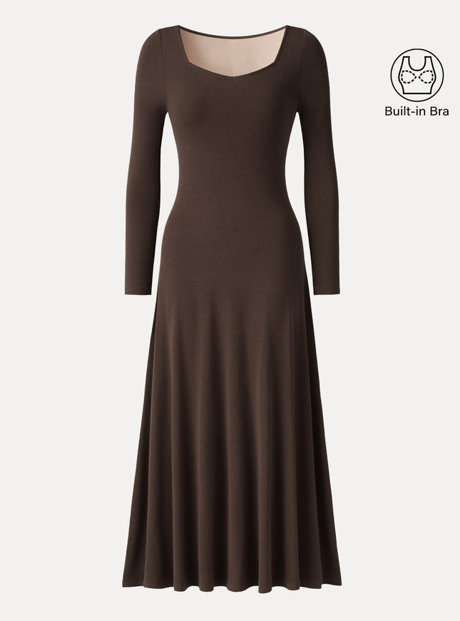 Diamond Neck Long Sleeve Drapey Maxi Built-In Bra Dress