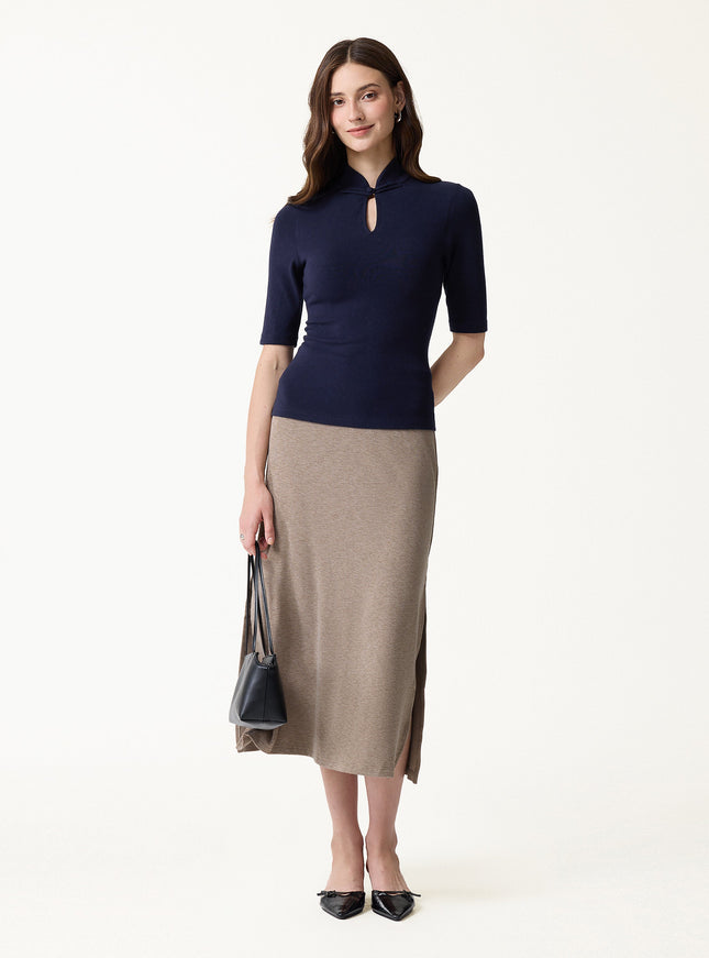 Teardrop Neck Elbow Sleeve Built-In Bra Top
