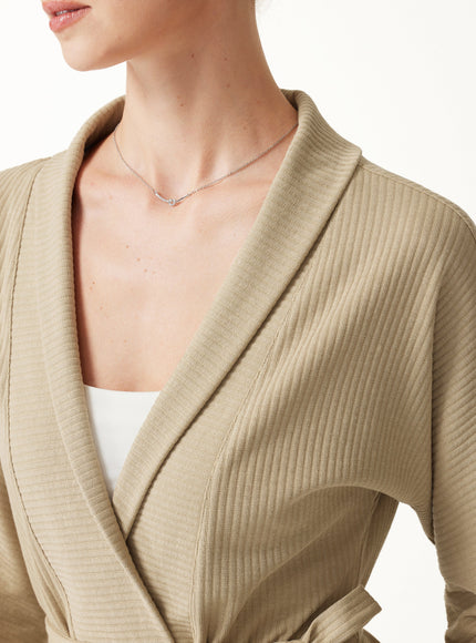 Textured Cotton Blend Lapel Belted Open-Front Jacket