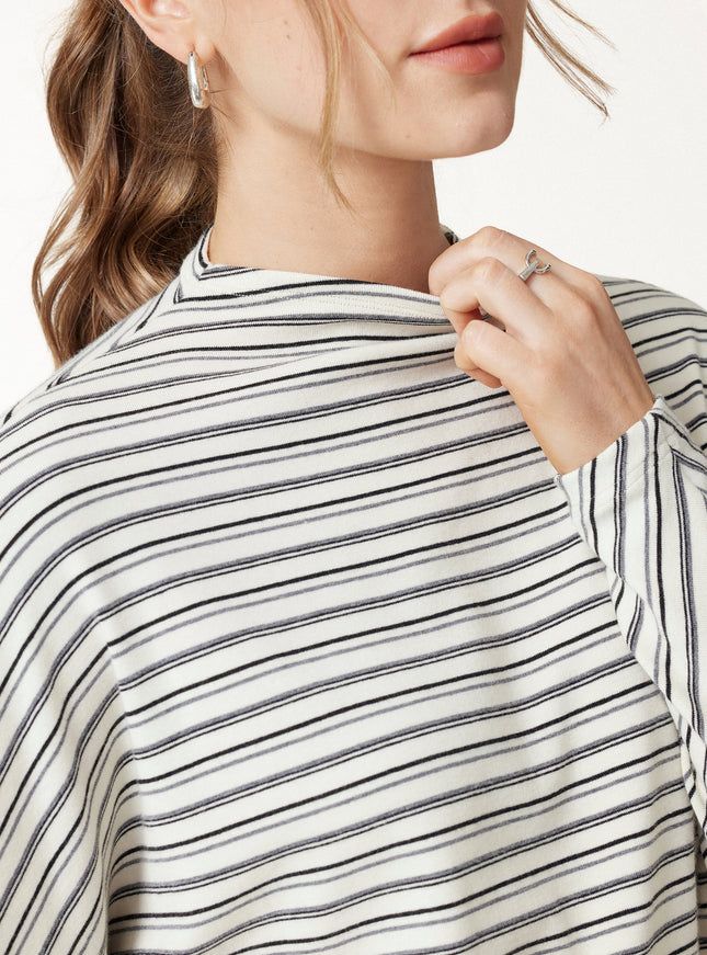 Stripe Mock Neck Batwing Sleeve Top