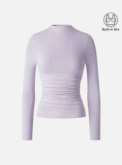 Mock Neck Long Sleeve Ruched Built-In Bra Top