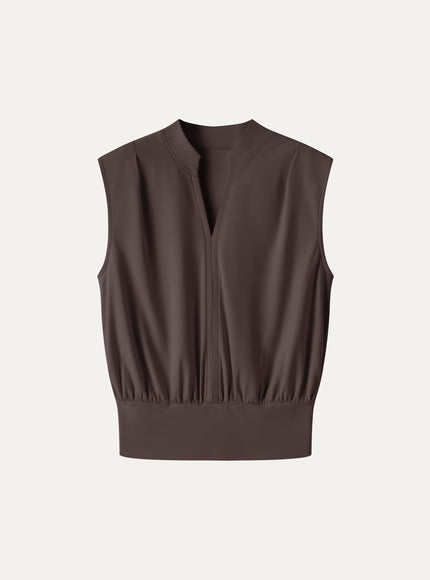 Cotton-Viscose V-neck Stand Collar Sleeveless Top
