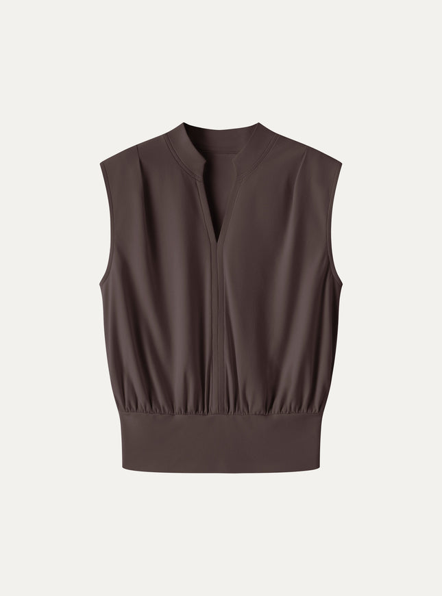 Cotton-Viscose V-neck Stand Collar Sleeveless Top