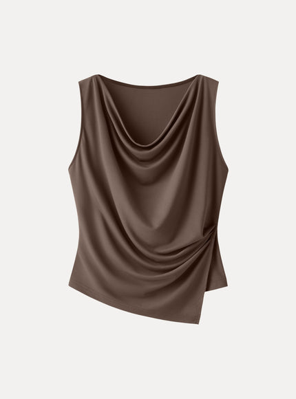 Cowl Neck Asymmetrical Tucked Sleeveless Top