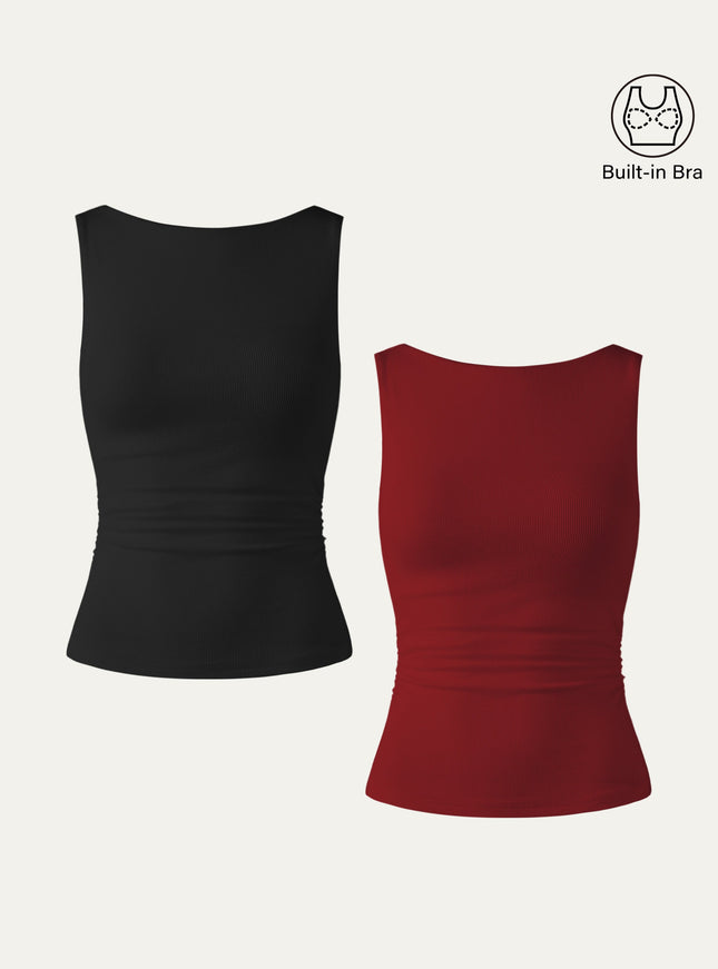 Elastic Open Back Built-In Bra Tank