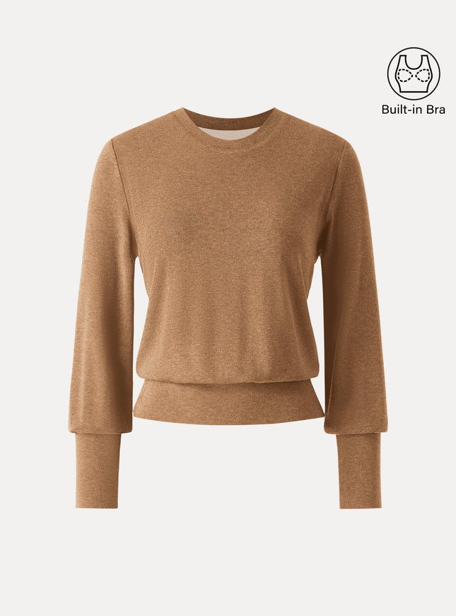 Elevated Crewneck Brushed Built-In Bra Top with Banded Hem