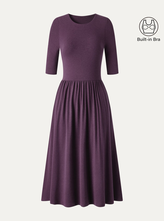 Round Neck Fit-and-Flare Midi Built-In Bra Dress with Pockets