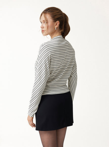 Stripe Mock Neck Batwing Sleeve Top