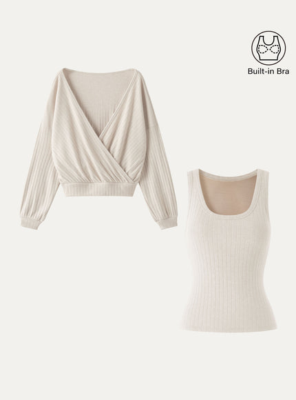 2Pcs Set MaxWarm U-Neck Built-In Bra Top & Crossover Banded Hem Top