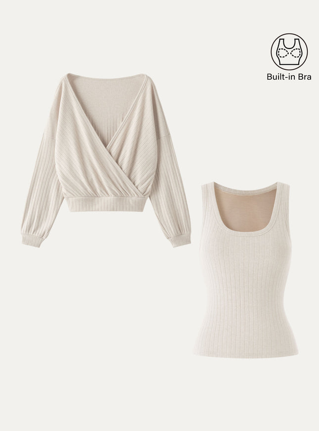 2Pcs Set MaxWarm U-Neck Built-In Bra Top & Crossover Banded Hem Top