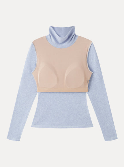 Lyocell-Wool Mock Neck Long Sleeve Built-In Bra Top