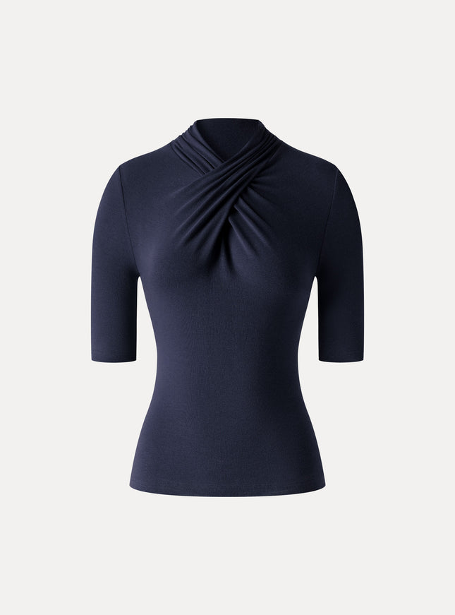 Crisscross Mock Neck Elbow Sleeve Ruched Top