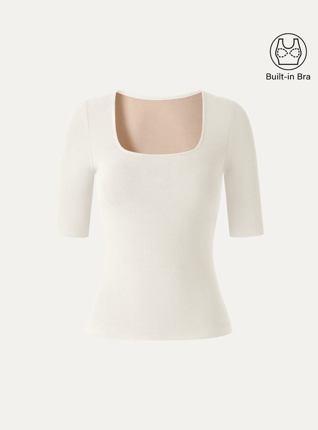 Square Neck Elbow Sleeve Built-In Bra Top