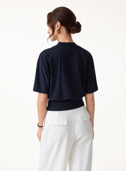 Stand Collar V-Neck Short Sleeve Top