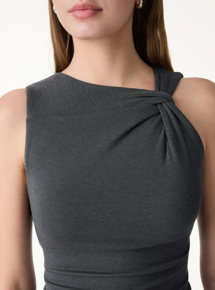 Sweat-Wicking Asymmetrical Neck Knotted Built-In Bra Tank