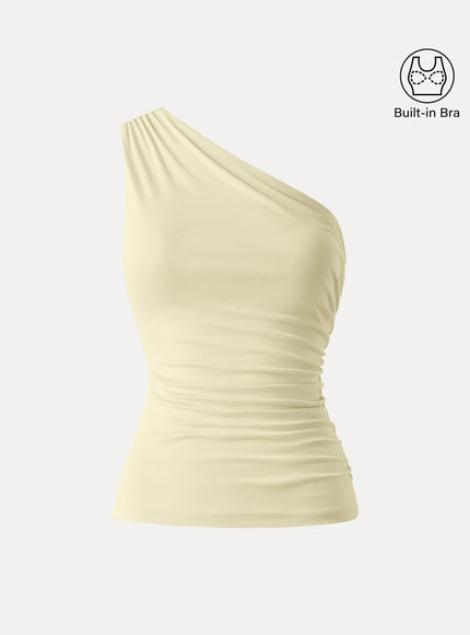 Sandwashed One Shoulder Ruched Built-In Bra Tank