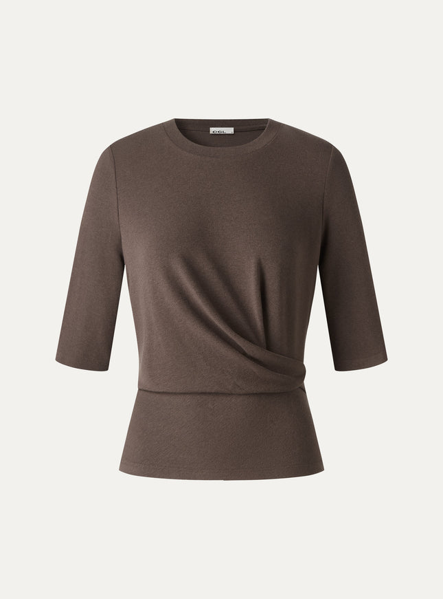 Round Neck Elbow Sleeve Side-Tuck Top