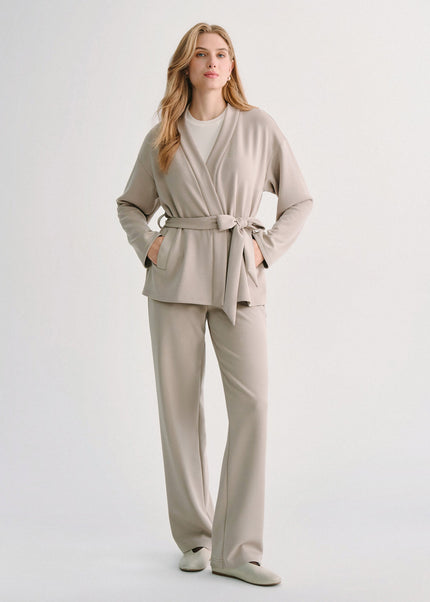 2Pcs Set MaxWarm Belted Wrap Cardigan Coat with Poclets & High-Rise Straight-Leg Pants with Pockets