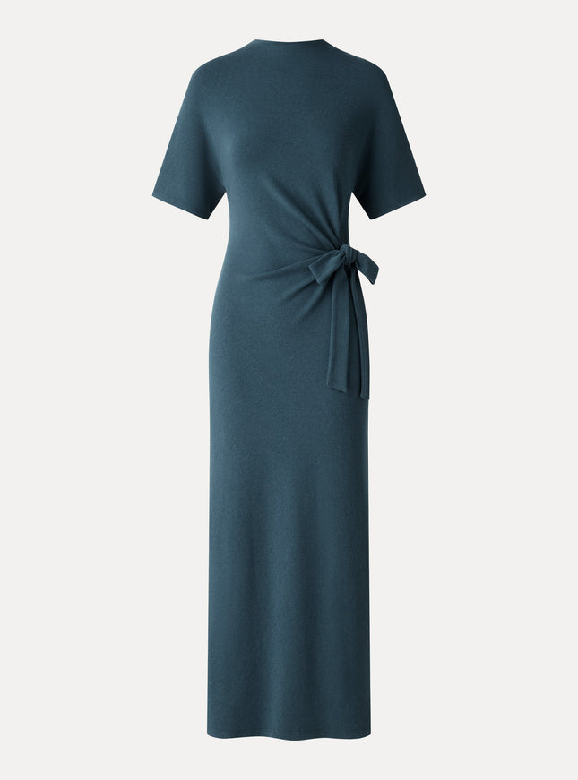 Mock Neck Elbow Sleeve Tie-Waist Midi Dress