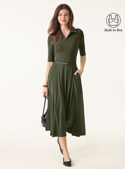 Polo Neck Elbow Length Sleeve Midi Built-In Bra Dress with Pockets