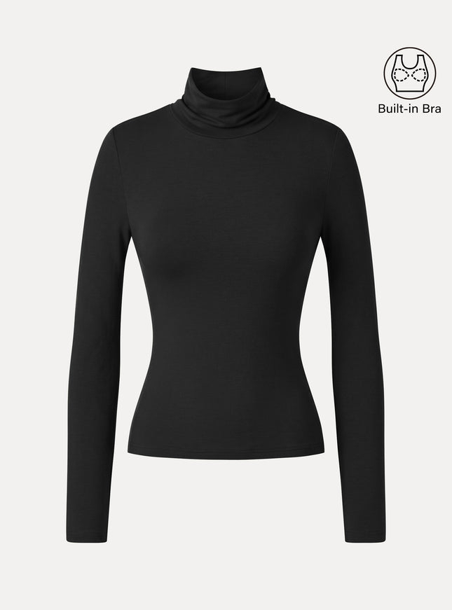 Lyocell-Wool Mock Neck Long Sleeve Built-In Bra Top